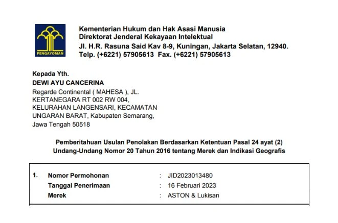 Surat Penerimaan Merek ASTON