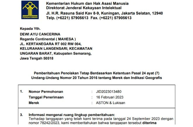 Surat Penolakan Merek ASTON